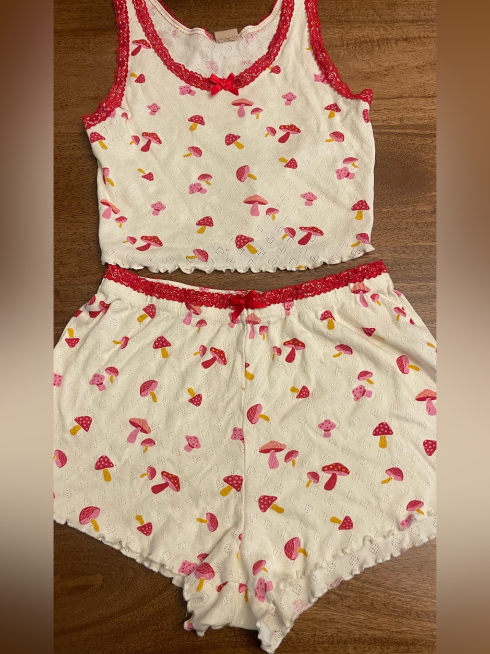 Messy bun just chillin cute Mushroom-Print Pajama Set with Red Trim worn once
